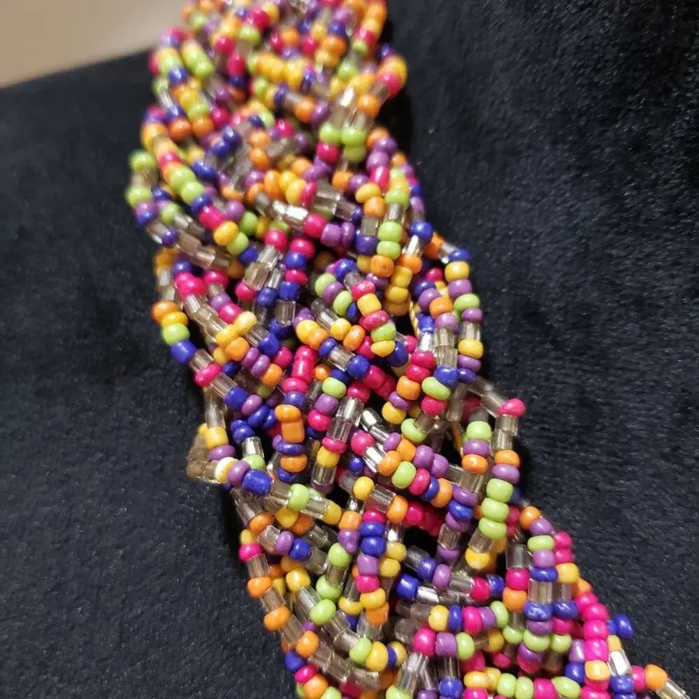 Womens Wide Braided Seed Bead Multi Strand Statement Necklace with Lobster Clasp - Picture 5 of 6